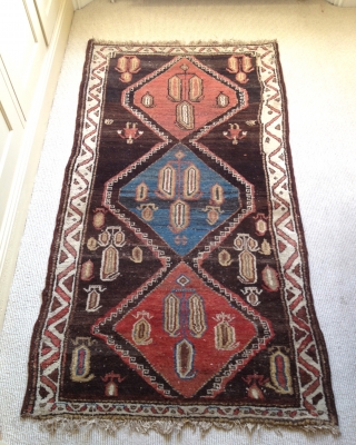 A rare Persian tribal rug, possibly a Bakhtiari khersak. The field is natural dark long staple wool, woven on a handspun cotton foundation. 186 x 100 cm, 6'1"x 3'3".    