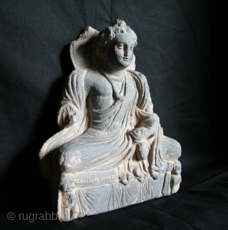 Beautiful Gandhara Grey Schist Stone Buddha, 2nd to 3rd Century, NW Frontier Area, Afghanistan/Pakistan. 9"tall x 8"wd.                