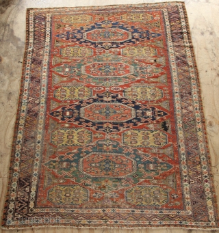 Richly coloured, with natural dyes, 19th century Caucasian Sumac rug. 193 x 268cm / 6'4" x 8'10"
Worn but no holes, sides reduced.           
