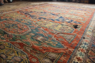 Richly coloured, with natural dyes, 19th century Caucasian Sumac rug. 193 x 268cm / 6'4" x 8'10"
Worn but no holes, sides reduced.           
