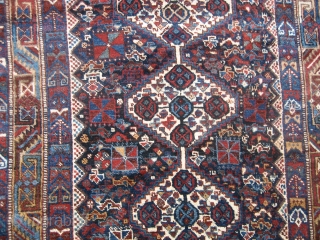 Kamseh rug 4' 11" x 6' 0" in full pile condition with nice color. Blanket-like handle. 

Possibly some other South Persian variety, but I'll stick with Shiraz to be on the conservative  ...