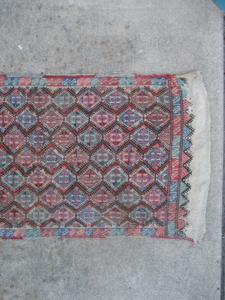 Anatolian Soumak Grain Bag Face.  Size 20" x 41".  Good condition with large kelims at both ends.  one kelim end could use stopping.  Edges in good condition, needing  ...