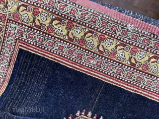 Antique Senneh saddle rug. Good condition, the fabric is thin, tautly woven and in good pile (see detail), with original sides, good vibrant dyes and professionally applied inserts. As pictured, minor loss  ...