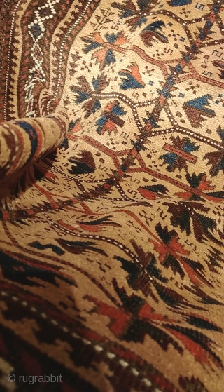 Antique Baluch rug.  3" (96cm) x 5' (150cm).  In excellent pile, good colors, glowing camel field, glossy wool, minor corrosion. Striking graphic.         