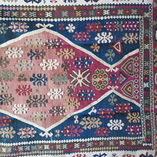 PK-093 LARGE Anatolian directional kilim, 43 x 84 inches. Deep purple faded to mellow mulberry. Wool warp and weft, white cotton highlights.Excellent condition. Needs a good wash. johnbatki@gmail.com. USD 750.- - plus  ...