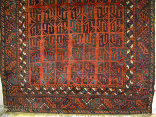 Unique small Baluch main carpet with Archaic Guls and reciprocal figure-ground reversal effect. 123 x 213 cm. please inquire directly at johnbatki@gmail.com           