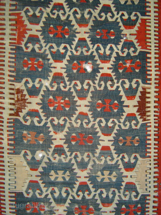 Anatolian Kilim Bonanza: Early and tired Obruk Elibelinde kilim fragment seeking rest,and stabilization, 114 x 234 cm. One of the oldest of this type. Sourced from Lawrence Kearney in 1980s. Professionally washed  ...