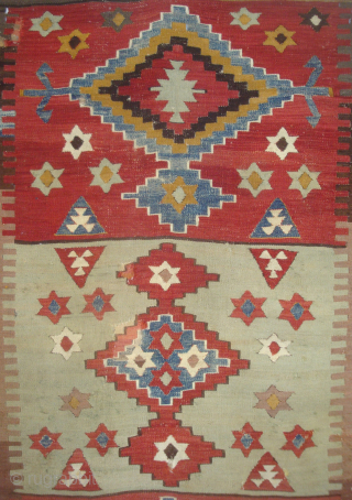 Anatolian Kilim Bonanza: Central Anatolian 3-Panel kilim fragment, 19th century, 50 x 74 inches, professionally cleaned by R. MANN. USD 850.- including shipping. --Excellent colors not suitably rendered by my poor photos.  ...