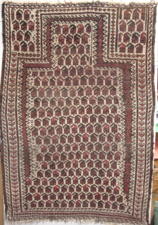 Antique Baluch prayer rug, 213 Botehs on Ivory. 36 x 51 inches. USD 1,350.- Please inspect my other antique Baluch rugs posted on RR and email johnbatki@gmail.com      