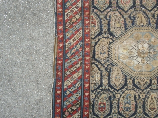 Beautyfull Antique Shirvan from the end of 19 th century.
Evenly low pile some places worn. but still good for decoration.
The colors are 100% natural dyed. Good Drawning and colors.
Size 143 x 99  ...