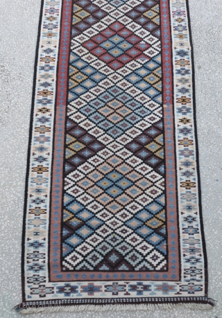 19th Century, very good condition,Persian Saveh Kilim- rug is clean, closed dovetail tapestry weave, strong and tight, reversible, great colors,Size:101 x 432 Cm
3'4" x 14'2"
        