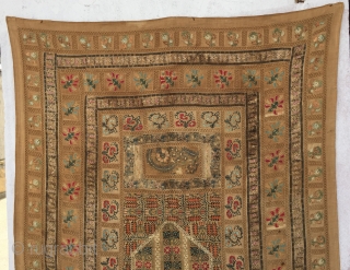 Ottoman Greek embroidery arched prayer panel known as a quibla.Size:180x110cm/5'10"X3'8" 
It is composed of various antique Ottoman Greek embroideries in order to create a prayer mat, which are probably from the 19th  ...