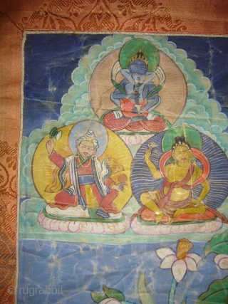 Tibetan oil painting on canvas,beautiful colours and nice work,Beautiful pce of art,fine condition.Size of canvas 2'6"*1'9",all over size 4'3"*2'9".E.mail for more info.           