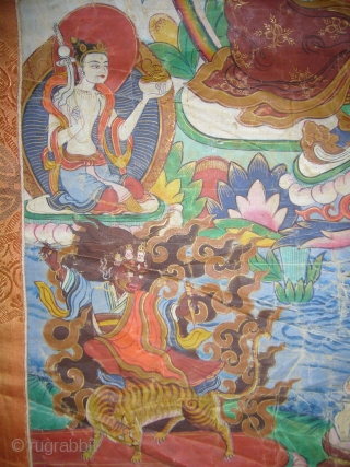 Tibetan oil painting on canvas,beautiful colours and nice work,Beautiful pce of art,fine condition.Size of canvas 2'6"*1'9",all over size 4'3"*2'9".E.mail for more info.           