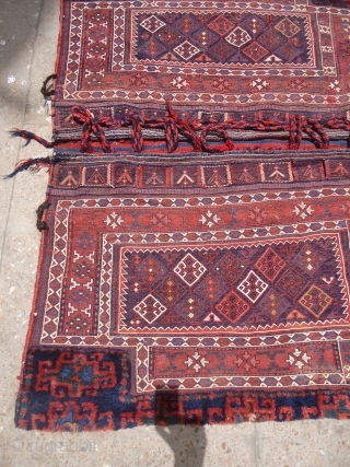 Colorfull Luri Bakhtiyari saddlebag bag,original backing,all natural colors,fine weave,good condition,Size 4'4"*3'2".Beautiful backing with white pannels having beautiful birds or Peacock in it on,along with stripe kilim.E.mail for more info and pics.  