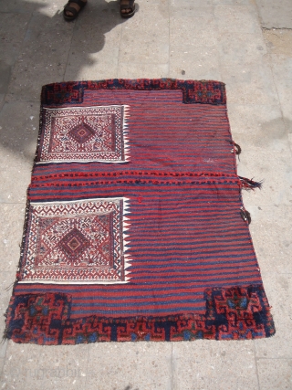 Colorfull Luri Bakhtiyari saddlebag bag,original backing,all natural colors,fine weave,good condition,Size 4'4"*3'2".Beautiful backing with white pannels having beautiful birds or Peacock in it on,along with stripe kilim.E.mail for more info and pics.  