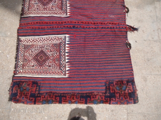 Colorfull Luri Bakhtiyari saddlebag bag,original backing,all natural colors,fine weave,good condition,Size 4'4"*3'2".Beautiful backing with white pannels having beautiful birds or Peacock in it on,along with stripe kilim.E.mail for more info and pics.  