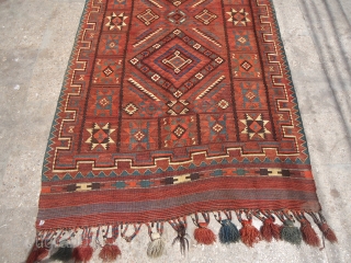 Uzbek Mashkri Kilim with nice star motif pattern,and a donkey on it. around 1900, all wool with natural colours,Size 12'6"*4'8".E.mail for more info.          