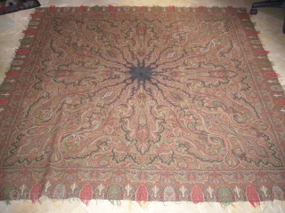 Antique Kashmir Paiselry Shawl,excllent condition,with original center cloth,only one small repair in border.Good colours and desigen.Size 5'10"*5'10".                