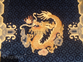 Chinese Rug with five dragons,beautiful colors and nicely drawn blue ground,excellent condition,without any repair or work done.All good colors,fine weave,Size 4'6"*2'4".E.mail for more info and pics.       