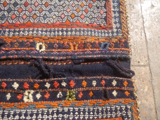 Flatwoven Qashqai  Khorjin Saddle bag with great design and colors,original kilim backing,excellent condition,colors.Good age,very nice pce with fine weave.Size 3'4"*1'9".E.mail for more info and pics.       