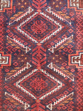 Finely woven Salar Khan Baluch with silk highlights and great colors,fine weave good age,and good condition,all sides and corners original.Size 5'8"*3.E.mail for more info and pics.       