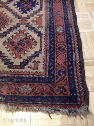 	A BALUCH ARAB Rug with a very pleasing design that is well drawn. Some end fraying, two 1" repair, brown corrosion. Please read my profile.        