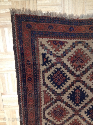 	A BALUCH ARAB Rug with a very pleasing design that is well drawn. Some end fraying, two 1" repair, brown corrosion. Please read my profile.        