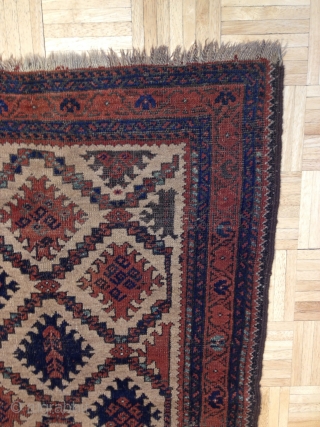 	A BALUCH ARAB Rug with a very pleasing design that is well drawn. Some end fraying, two 1" repair, brown corrosion. Please read my profile.        