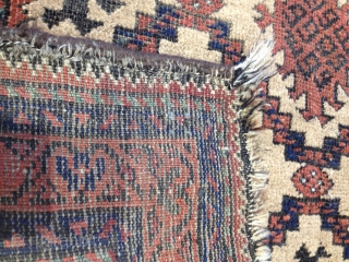 	A BALUCH ARAB Rug with a very pleasing design that is well drawn. Some end fraying, two 1" repair, brown corrosion. Please read my profile.        