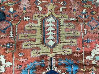 Persian Serapi, c. 1900. 11'6" x 17'11" (350 x 545 cm).
Good condition, some repairs by master weavers (see last three photos).
There is no paint of any kind on this rug.

My original price  ...