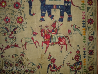 Dharaniya Pichwai Wall Hanging From Saurashtra Gujarat. India.This were Traditionally used mainly by Kathi Darbar family of Saurashtra Gujarat India.C.1900.Its size is 120cm x235cm(DSC03828 New)        