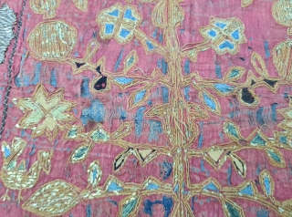 Indian Floral Embroidery Tree of life Design Wall Hanging. Cotton And Real Zari Embroidery Work on the Cotton Ground.
From  the Deccan Region of South india.
19th century.
Its size is 67cmX87cm (20220113_154840).  