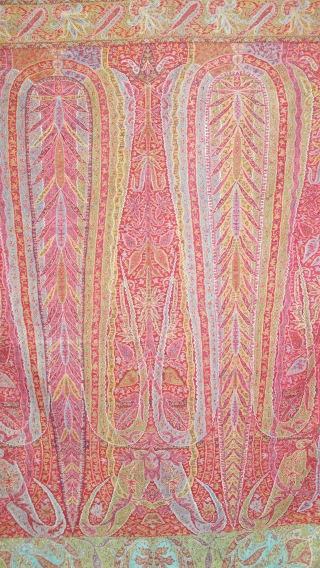 Tree of Life design Kalamkar Jamawar long Shawl Showing the, twelve different variation of colour combination From Kashmir, India. India.C.1840.Its Size is 145cmX335cm(DSC08866).          