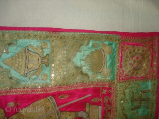 Mochi Bharat Embroidery of Gold and Silver zari work.Its Jain Ashatmangal and 24 Sapanas (Dreams)From Gujarat India.Its size is 90cmX157cm.Date is also Mention is the Piece.Very Rare Piece of Textile(DSC02538 New).  