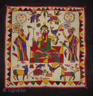 Ganesh Sthapana Wall Hanging From Saurashtra Gujarat.India.Probably from Kathi Darbar Group.Its size is 55cmx55cm(DSC02745 New).                  