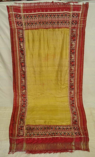 Patola Sari,Silk Double Ikat.Probably Patan Gujarat India. This Patola Uses one of the Rare designs.known as Paneter Yellow Patola. Its size is 128cmX285cm.Please Ask for more Detail Pictures(DSC07403 New).    