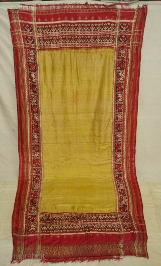 Patola Sari,Silk Double Ikat.Probably Patan Gujarat India. This Patola Uses one of the Rare designs.known as Paneter Yellow Patola. Its size is 128cmX285cm.Please Ask for more Detail Pictures(DSC07403 New).    