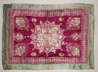 Mughal Aari Zari (Real) Embroidery Wall Hanging With floral Design From the Sidhpur Patan Gujarat, India.Real Zari Embroidery on the Gajji-Silk.C.1850.Its size is 48cmX68cm(DSC07779).         