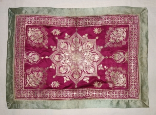 Mughal Aari Zari (Real) Embroidery Wall Hanging With floral Design From the Sidhpur Patan Gujarat, India.Real Zari Embroidery on the Gajji-Silk.C.1850.Its size is 48cmX68cm(DSC07779).         