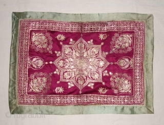 Mughal Aari Zari (Real) Embroidery Wall Hanging With floral Design From the Sidhpur Patan Gujarat, India.Real Zari Embroidery on the Gajji-Silk.C.1850.Its size is 48cmX68cm(DSC07779).         