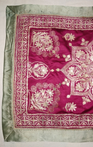 Mughal Aari Zari (Real) Embroidery Wall Hanging With floral Design From the Sidhpur Patan Gujarat, India.Real Zari Embroidery on the Gajji-Silk.C.1850.Its size is 48cmX68cm(DSC07779).         