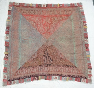 Char-Bagh Embroidered Square shawl(Rumal),From Kashmir India.C.1860.Four Section of Different Colours variations with embroidery known as Char-Bagh. Rare kind of Square Shawl(Rumal).Its size is 192cmX200cm. Ask more Detail Pictures(DSC05024).     