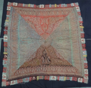 Char-Bagh Embroidered Square shawl(Rumal),From Kashmir India.C.1860.Four Section of Different Colours variations with embroidery known as Char-Bagh. Rare kind of Square Shawl(Rumal).Its size is 192cmX200cm. Ask more Detail Pictures(DSC05024).     