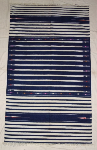 Indigo Blue,Jail Dhurrie(Cotton)Blue-White striped with mahi motif. Bikaner, Rajasthan. India.C.1900.Its size is 120X205cm. Condition is very good(DSC07808).                