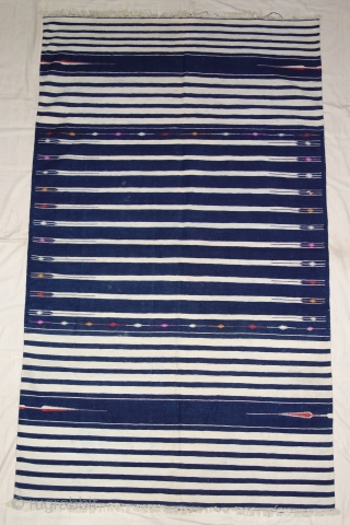 Indigo Blue,Jail Dhurrie(Cotton)Blue-White striped with mahi motif. Bikaner, Rajasthan. India.C.1900.Its size is 120X205cm. Condition is very good(DSC07808).                