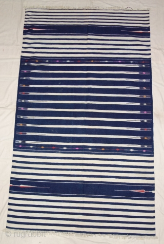 Indigo Blue,Jail Dhurrie(Cotton)Blue-White striped with mahi motif. Bikaner, Rajasthan. India.C.1900.Its size is 120X205cm. Condition is very good(DSC07808).                