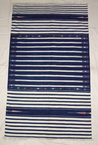 Indigo Blue,Jail Dhurrie(Cotton)Blue-White striped with mahi motif. Bikaner, Rajasthan. India.C.1900.Its size is 120X205cm. Condition is very good(DSC07808).                