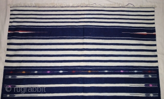 Indigo Blue,Jail Dhurrie(Cotton)Blue-White striped with mahi motif. Bikaner, Rajasthan. India.C.1900.Its size is 120X205cm. Condition is very good(DSC07808).                