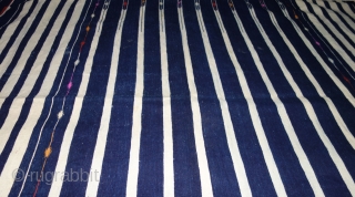 Indigo Blue,Jail Dhurrie(Cotton)Blue-White striped with mahi motif. Bikaner, Rajasthan. India.C.1900.Its size is 120X205cm. Condition is very good(DSC07808).                